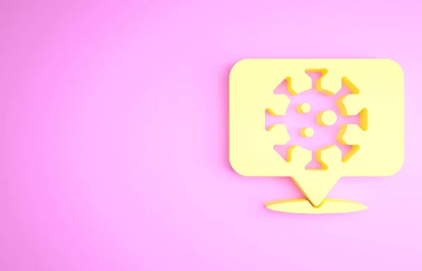 Yellow Corona virus 2019-nCoV on location icon isolated on pink background. Bacteria and germs, cell cancer, microbe, fungi. Minimalism concept. 3d illustration 3D render — Stock Photo, Image