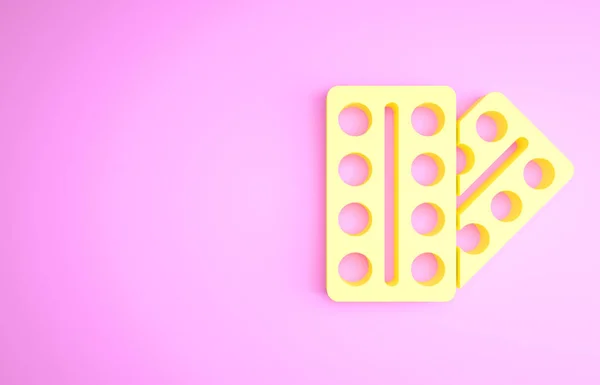 Gele pillen in blisterverpakking pictogram geïsoleerd op roze achtergrond. Medicijnpakket voor tablet, vitamine, antibioticum, aspirine. Minimalisme concept. 3d illustratie 3D renderen — Stockfoto