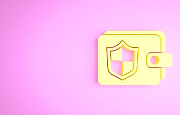 Жовтий гаманець і гроші з значком щита ізольовані на рожевому тлі. Концепція страхування. Безпека, захист, захист концепції. Концепція мінімалізму. 3D ілюстрація 3D рендеринга — стокове фото