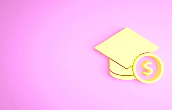 Gorro de graduação amarelo e ícone de moeda isolado no fundo rosa. Educação e dinheiro. Conceito de custo de bolsa ou empréstimo, taxa de matrícula ou de estudo. Conceito de minimalismo. 3D ilustração 3D render — Fotografia de Stock