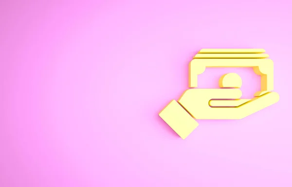 Żółte stosy papierowe pieniądze gotówka w ręku ikona izolowane na różowym tle. Koncepcja ubezpieczenia. Banknoty pieniężne. Pieniądze. Koncepcja minimalizmu. Ilustracja 3D 3D renderowania — Zdjęcie stockowe