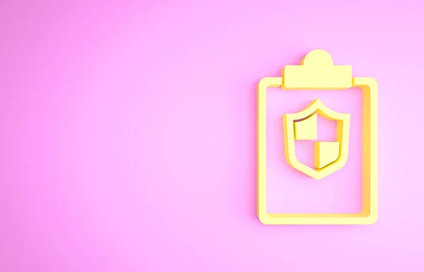 黄色文档,盾牌图标隔离在粉红色背景上.保险概念。安保、安全、保护、保护概念。最低纲领的概念。3D渲染3D插图 — 图库照片