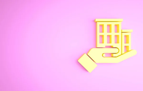 ピンクの背景に隔離された黄色の家の保険アイコン。セキュリティ、安全性、保護、保護の概念。最小限の概念。3Dイラスト3Dレンダリング — ストック写真