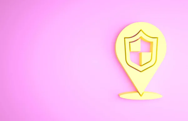 Icono de escudo de ubicación amarilla aislado sobre fondo rosa. Concepto de seguro. Señal de guardia. Seguridad, seguridad, protección, concepto de privacidad. Concepto minimalista. 3D ilustración 3D render — Foto de Stock