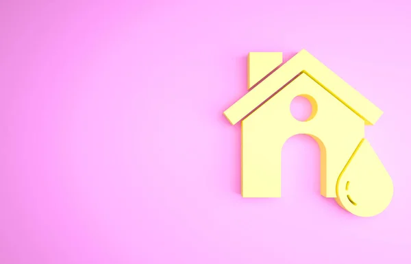 Иконка затопления желтого дома выделена на розовом фоне. Дом затопляется под водой. Концепция страхования. Безопасность, безопасность, защита, концепция защиты. Концепция минимализма. 3D-рендеринг — стоковое фото