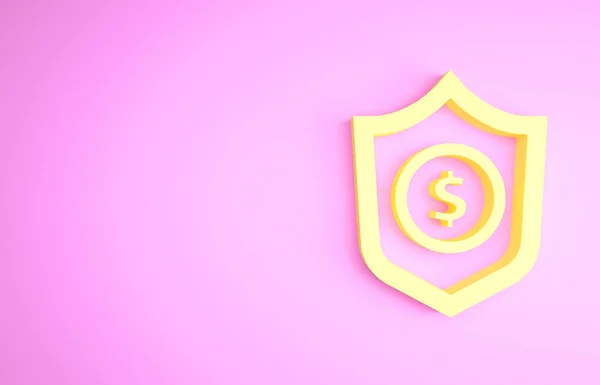 Sárga pajzs dollár szimbólum ikon elszigetelt rózsaszín alapon. Biztonsági pajzs védelem. Pénzbiztonsági koncepció. Minimalizmus koncepció. 3d illusztráció 3D render — Stock Fotó