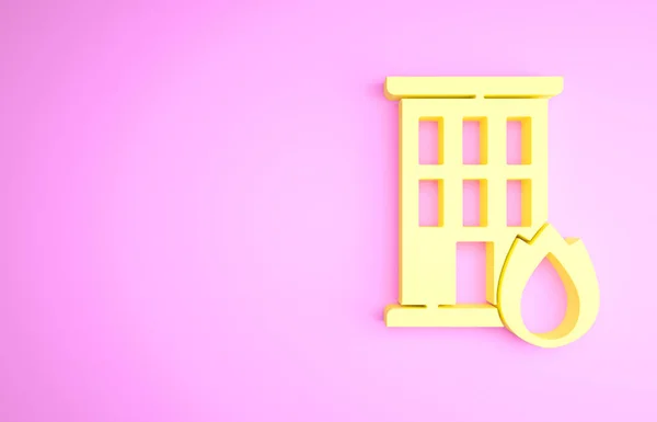 Желтый огонь в горящем доме значок изолирован на розовом фоне. Концепция страхования. Безопасность, безопасность, защита, концепция защиты. Концепция минимализма. 3D-рендеринг — стоковое фото