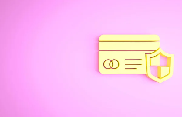 Κίτρινη πιστωτική κάρτα με το εικονίδιο ασπίδα απομονώνονται σε ροζ φόντο. Online πληρωμή. Ανάληψη μετρητών. Οικονομικές πράξεις. Πινακίδα. Μινιμαλιστική έννοια. 3d απεικόνιση 3D καθιστούν — Φωτογραφία Αρχείου
