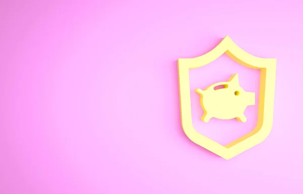 Κίτρινο Piggy τράπεζα με ασπίδα εικονίδιο απομονώνονται σε ροζ φόντο. Εξοικονόμηση ή συσσώρευση χρημάτων, επενδύσεις. Ασφαλιστική ιδέα. Μινιμαλιστική έννοια. 3d απεικόνιση 3D καθιστούν — Φωτογραφία Αρχείου
