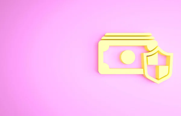 Yellow Money με εικονίδιο ασπίδα απομονώνονται σε ροζ φόντο. Ασφαλιστική ιδέα. Ασφάλεια, ασφάλεια, προστασία, προστασία. Μινιμαλιστική έννοια. 3d απεικόνιση 3D καθιστούν — Φωτογραφία Αρχείου