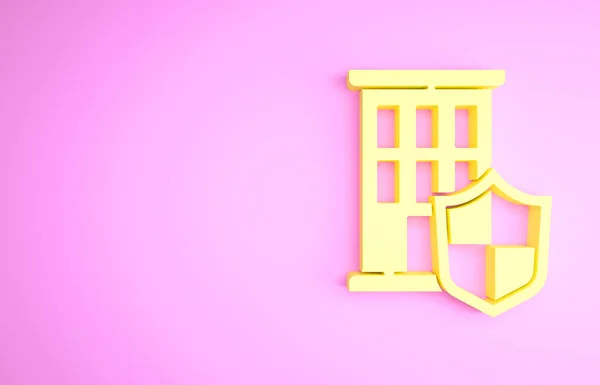 Žlutý dům s ikonou štítu izolované na růžovém pozadí. Pojištění. Zabezpečení, bezpečnost, ochrana, koncepce ochrany. Minimalismus. 3D ilustrace 3D vykreslení — Stock fotografie