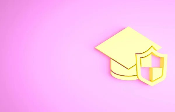 Gele Graduation cap met schild pictogram geïsoleerd op roze achtergrond. Verzekeringsconcept. Beveiliging, veiligheid, bescherming, bescherming concept. Minimalisme concept. 3d illustratie 3D renderen — Stockfoto