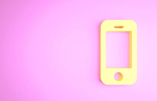Żółty smartfon, ikona telefonu komórkowego odizolowana na różowym tle. Koncepcja minimalizmu. Ilustracja 3D 3D renderowania — Zdjęcie stockowe