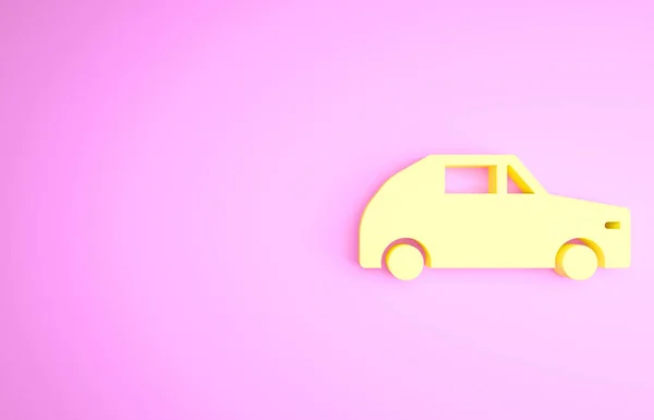 Значок жовтого автомобіля ізольовано на рожевому тлі. Концепція мінімалізму. 3D ілюстрація 3D рендеринга — стокове фото