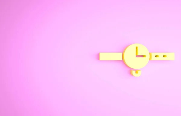 Geel horloge pictogram geïsoleerd op roze achtergrond. Een horloge icoon. Minimalisme concept. 3d illustratie 3D renderen — Stockfoto