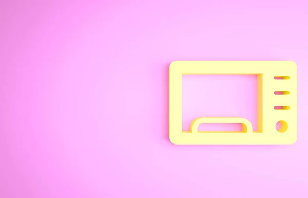 Icono horno Microondas amarillo aislado sobre fondo rosa. Icono de electrodomésticos. Concepto minimalista. 3D ilustración 3D render — Foto de Stock