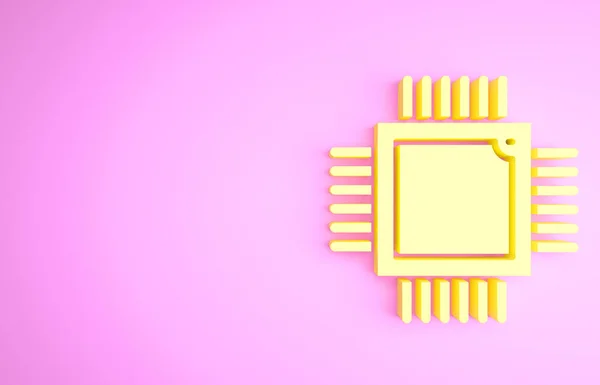 Processore di computer giallo con icona CPU microcircuiti isolati su sfondo rosa. Chip o cpu con circuito stampato. Microprocessore. Concetto minimalista. Illustrazione 3d rendering 3D — Foto Stock