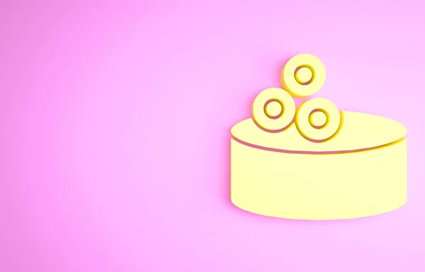 Yellow Tin can with caviar icon isolated on pink background. Minimalism concept. 3d illustration 3D render — Stock Image Yellow Tin can with caviar icon isolated on pink background. Minimalism concept. 3d illustration 3D render Stock Image