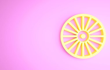 Pembe arka planda izole edilmiş bir araba simgesi için sarı alçı tekerlek. Minimalizm kavramı. 3d illüstrasyon 3B canlandırma