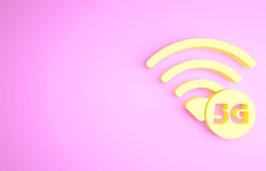 Sarı 5G yeni kablosuz internet kablosuz bağlantı simgesi pembe arkaplanda izole edildi. Küresel ağ yüksek hızlı bağlantı veri oranı teknolojisi. Minimalizm kavramı. 3d illüstrasyon 3B canlandırma