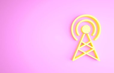 Sarı Anten simgesi pembe arkaplanda izole edildi. Radyo anteni kablosuz. Teknoloji ve ağ sinyali radyo anteni. Minimalizm kavramı. 3d illüstrasyon 3B canlandırma