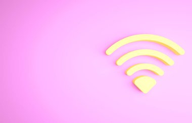 Pembe arka planda izole edilmiş sarı kablosuz internet ağ sembolü simgesi. Minimalizm kavramı. 3d illüstrasyon 3B canlandırma