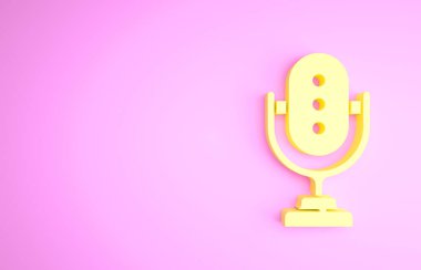 Sarı mikrofon simgesi pembe arka planda izole edildi. Radyodaki mikrofondan. Sözcü işareti. Minimalizm kavramı. 3d illüstrasyon 3B canlandırma