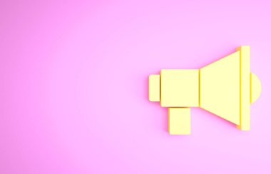 Pembe arka planda izole edilmiş sarı megafon simgesi. Sözcü işareti. Minimalizm kavramı. 3d illüstrasyon 3B canlandırma