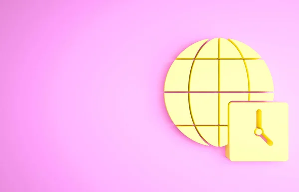 Gelbes Weltzeitsymbol isoliert auf rosa Hintergrund. Uhr und Globus. Minimalismus-Konzept. 3D Illustration 3D Renderer — Stockfoto