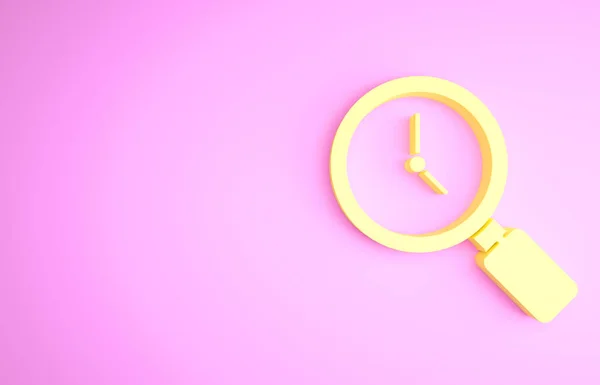 Lupa amarilla con icono de reloj aislado sobre fondo rosa. Concepto minimalista. 3D ilustración 3D render —  Fotos de Stock