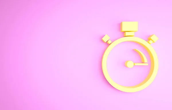 Ícone de cronômetro amarelo isolado no fundo rosa. Sinal do temporizador. Assinatura do cronómetro. Conceito de minimalismo. 3D ilustração 3D render — Fotografia de Stock