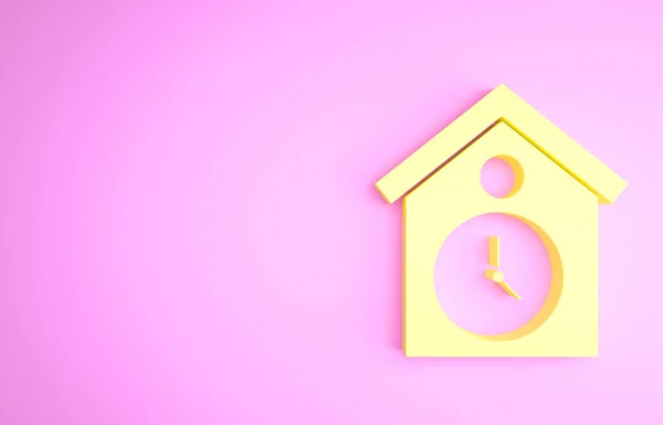 Yellow Retro wall watch icon isolated on pink background. Cuckoo clock sign. Antique pendulum clock. Minimalism concept. 3d illustration 3D render