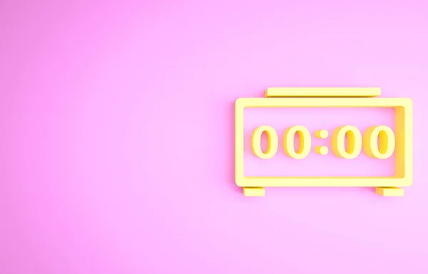 Κίτρινη ψηφιακή ρολόι συναγερμού εικόνα απομονώνονται σε ροζ φόντο. Ηλεκτρονικό ρολόι ξυπνητήρι. Εικονίδιο. Μινιμαλιστική έννοια. 3d απεικόνιση 3D καθιστούν — Φωτογραφία Αρχείου