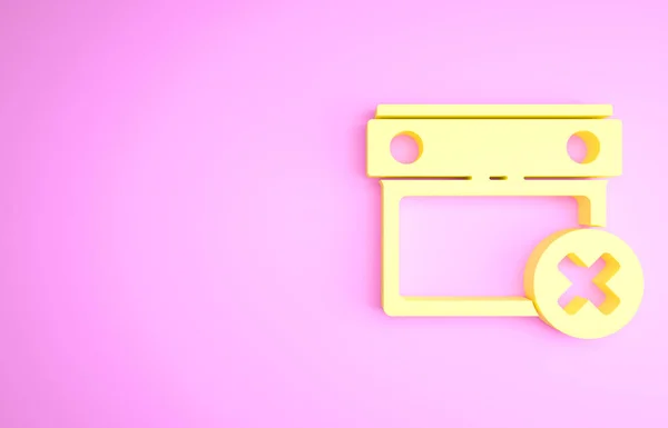 Gelbes Kalenderdatum löschen Icon isoliert auf rosa Hintergrund. Erinnerungssymbol. Minimalismus-Konzept. 3D Illustration 3D Renderer — Stockfoto