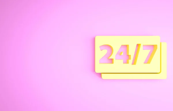 Reloj amarillo 24 horas icono aislado sobre fondo rosa. Todo el día icono cíclico. Símbolo de servicio 24 horas. Concepto minimalista. 3D ilustración 3D render — Foto de Stock