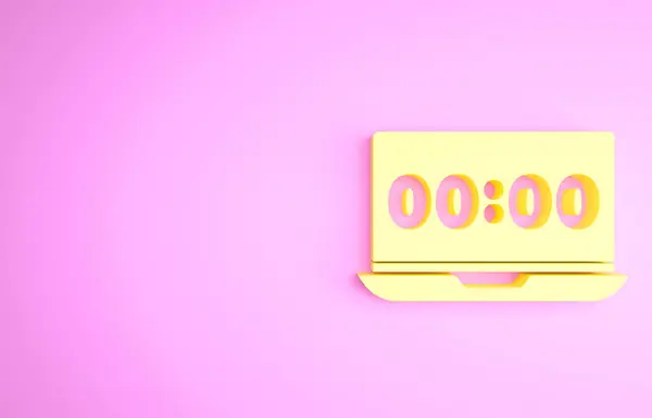 Reloj amarillo en el icono de la pantalla del ordenador portátil aislado sobre fondo rosa. Programar conceptos. Concepto minimalista. 3D ilustración 3D render — Foto de Stock