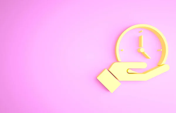 Желтые часы значок изолирован на розовом фоне. Символ времени. Концепция минимализма. 3D-рендеринг — стоковое фото