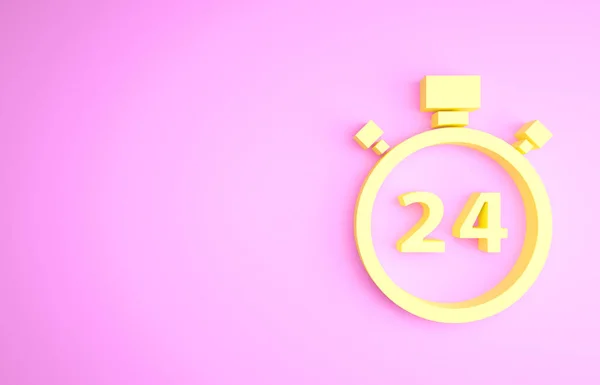 Κίτρινο χρονόμετρο 24 ώρες εικονίδιο απομονώνονται σε ροζ φόντο. Όλη μέρα κυκλική εικόνα. 24 ώρες σύμβολο υπηρεσίας. Μινιμαλιστική έννοια. 3d απεικόνιση 3D καθιστούν — Φωτογραφία Αρχείου