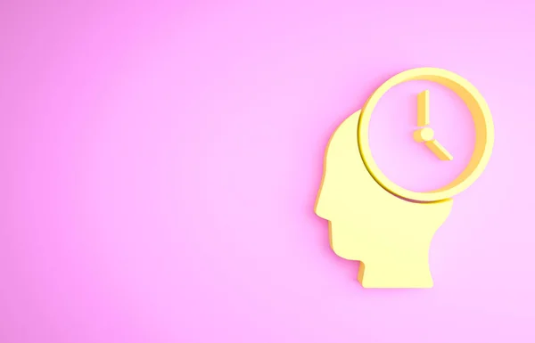 黄色的时间管理图标孤立在粉红色的背景.时钟和齿轮的标志。生产力的象征。最低纲领的概念。3D渲染3D插图 — 图库照片