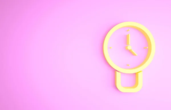 Icono del reloj amarillo aislado sobre fondo rosa. Símbolo de tiempo. Concepto minimalista. 3D ilustración 3D render —  Fotos de Stock