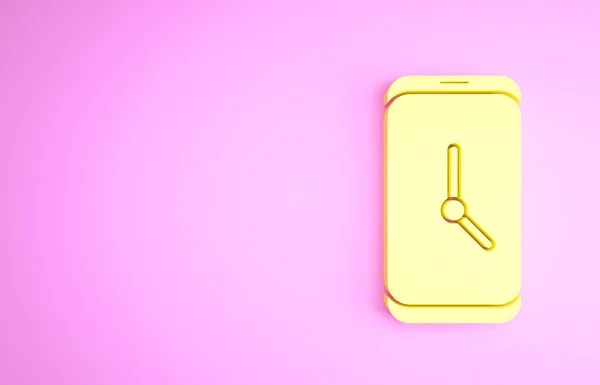 Yellow Alarm clock app smartphone interface icon isolated on pink background. Minimalism concept. 3d illustration 3D render — Stock Photo, Image