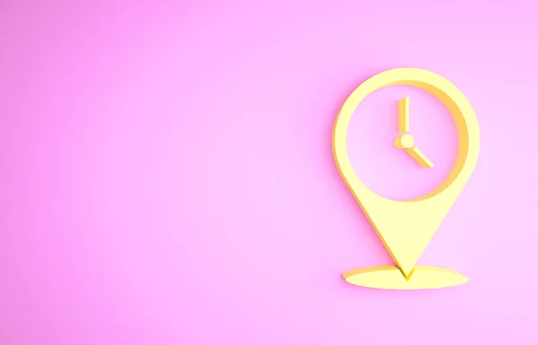 Κίτρινη τοποθεσία με το ρολόι εικονίδιο απομονώνονται σε ροζ φόντο. Μινιμαλιστική έννοια. 3d απεικόνιση 3D καθιστούν — Φωτογραφία Αρχείου