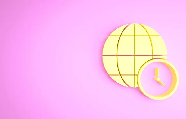Ícone de tempo do mundo amarelo isolado no fundo rosa. Relógio e globo. Conceito de minimalismo. 3D ilustração 3D render — Fotografia de Stock