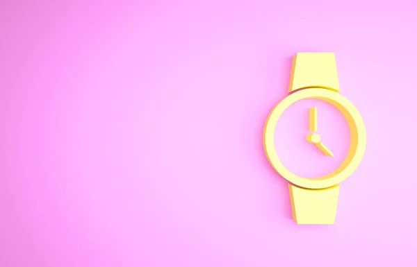 Жовтий Наручний годинник значок ізольовано на рожевому фоні. Піктограма наручного годинника. Концепція мінімалізму. 3D ілюстрація 3D рендеринга — стокове фото