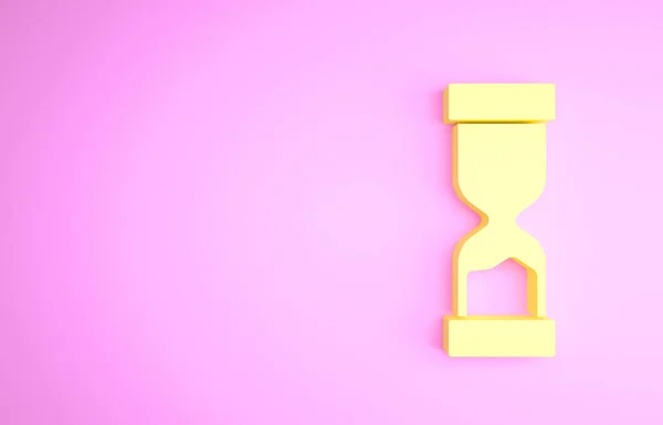 Gelbe alte Sanduhr mit fließendem Sandsymbol auf rosa Hintergrund. Sanduhr-Zeichen. Geschäfts- und Zeitmanagement-Konzept. Minimalismus-Konzept. 3D Illustration 3D Renderer — Stockfoto