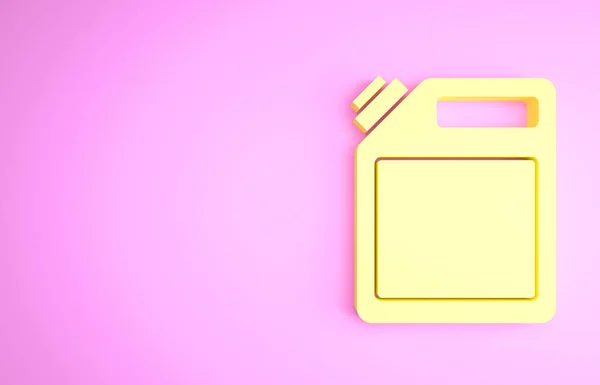 Żółty kanister na ikonę benzyny izolowany na różowym tle. Ikona gazu Diesla. Koncepcja minimalizmu. Ilustracja 3D 3D renderowania — Zdjęcie stockowe