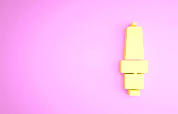 Żółta ikona świecy zapłonowej samochodu izolowana na różowym tle. Elektryczna świeca. Koncepcja minimalizmu. Ilustracja 3D 3D renderowania — Zdjęcie stockowe