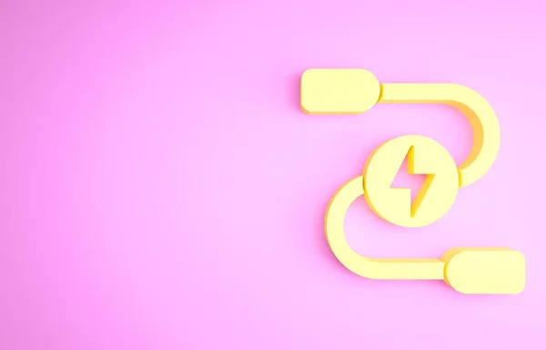 Sárga autó akkumulátor jumper tápkábel ikon elszigetelt rózsaszín háttér. Minimalizmus koncepció. 3d illusztráció 3D render — Stock Fotó