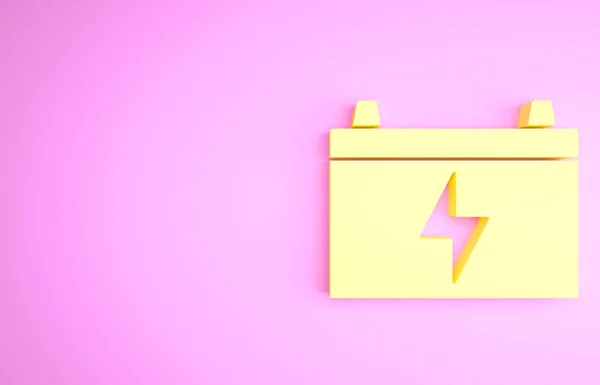 Ikona żółtego akumulatora na różowym tle. Akumulator energii baterii i akumulator energii elektrycznej baterii. Koncepcja minimalizmu. Ilustracja 3D 3D renderowania — Zdjęcie stockowe