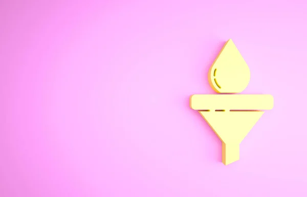 Żółty lejek lub filtr i ikona kropli oleju silnikowego izolowane na różowym tle. Koncepcja minimalizmu. Ilustracja 3D 3D renderowania — Zdjęcie stockowe